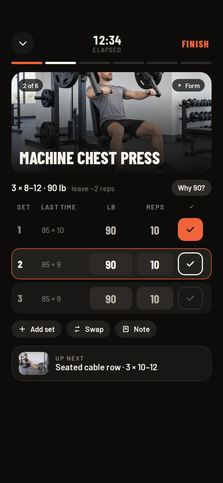 Varyvo workout player: machine chest press with today's weight and reps pre-filled and a check button for each set