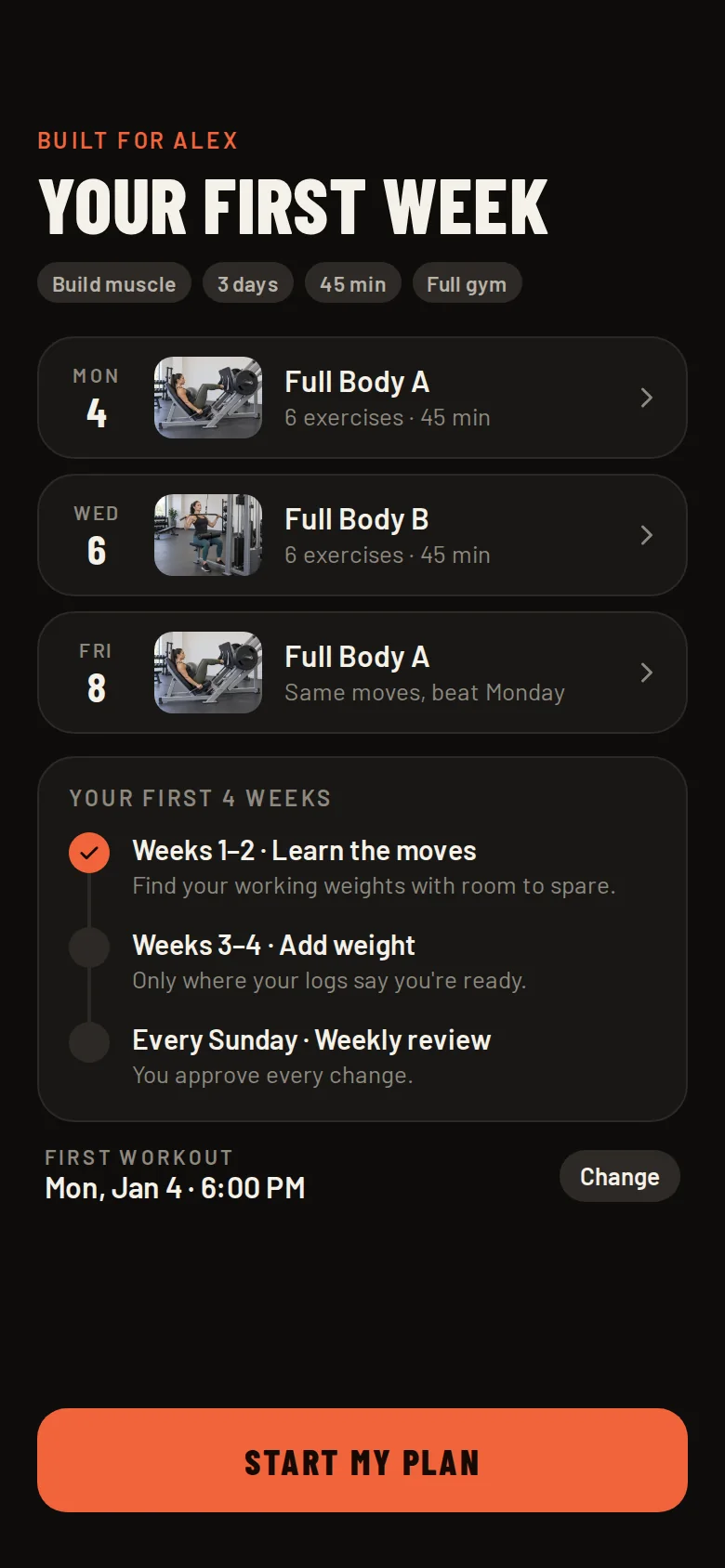Your first week in Varyvo: three Full Body sessions on Monday, Wednesday and Friday, and a four-week outline