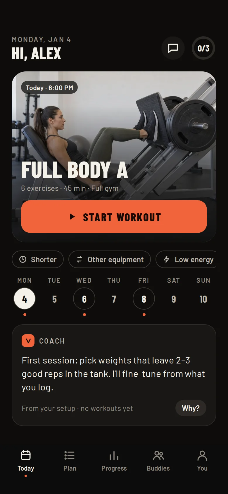 Varyvo Today screen: Full Body A workout ready to start, options to make it shorter or use other equipment, and a coach tip